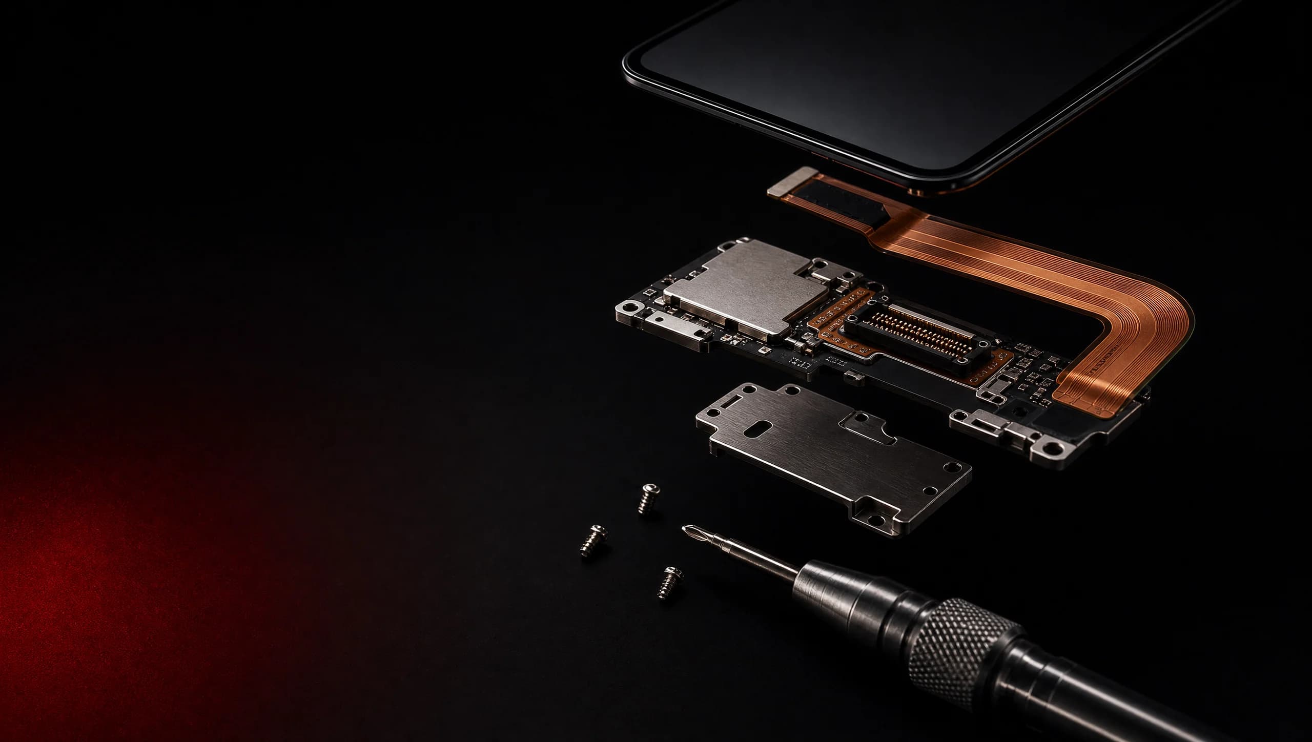 Macro view of a premium smartphone display assembly and precision repair components
